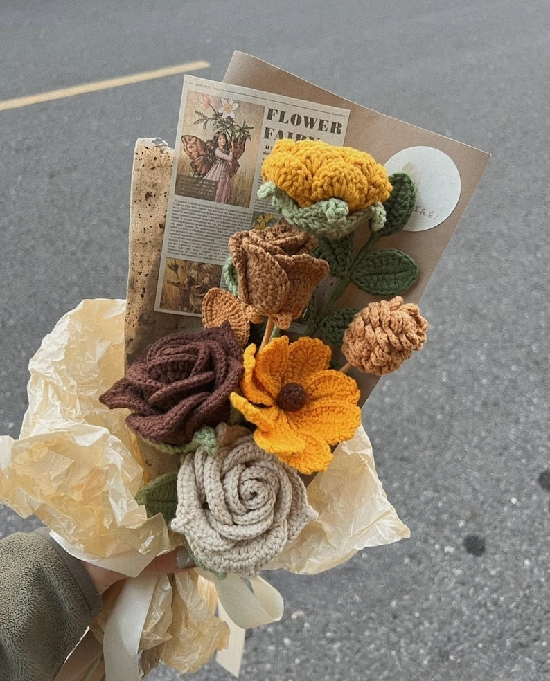 Crochet flower bouquet pattern bundle featuring realistic handmade floral arrangements with yarn, including crochet rose, tulip, and sunflower designs for DIY craft projects. Fall flower bouquet