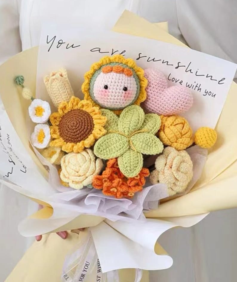 Sunflower, Rose & Tulip Bouquet crochet pattern listing photo by idrawyoursmile