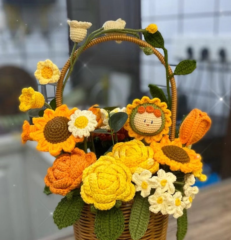 Handmade crochet flower bouquet patterns bundle with realistic yarn flowers such as crochet roses, tulips, and sunflowers for home decor and gift crafting.