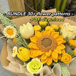 BUNDLE 30+ Blumenbouquet Häkelanleitung. Rose, Tulpen, Schleierkraut, Sonnenblume. Muttertagsgeschenk. San Valentinstag Geschenk