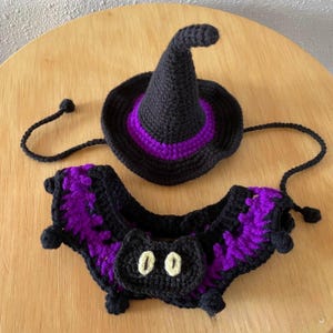 May include: A black and purple crochet Halloween pet costume set. The set includes a witch hat with a purple band and a bat-shaped collar with a cat face. The costume is handmade and designed for pets.