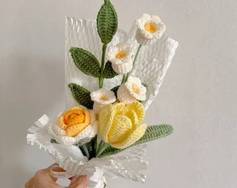 Crochet flower bouquet A for beginners. rose, tulip flower PDF. Handmade mother's day gift