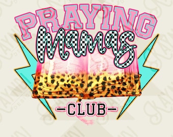 Diseño del Club de Mamás Orantes Diseño de sublimación PNG Descarga digital imprimible Lindo leopardo rosa a cuadros Rayo Biblia