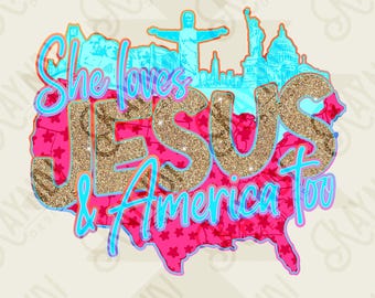 City Scape She Loves Jesus and America too Design PNG Digital Download Sublimation DTF Print Ready