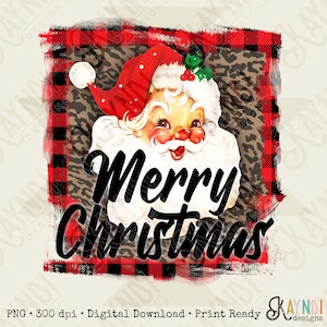Merry Christmas Santa Sublimation Design PNG Digital Downloads Buffalo Check Leopard Cheetah Print Vintage Santa DTG Printable Design