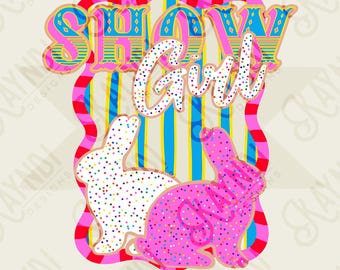 Show Girl Rabbit Sublimation Design PNG Digital Download Pink Blue Stripe