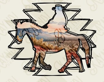 Aztec Desert Cowboy | Sublimation Design PNG Digital Download Printable | Western Southwest Cowgirl Rodeo Rancher Cactus Horse Wild West