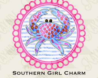 Southern Girl Charm Crab Sublimation Design PNG Digital Download Printable Southern Preppy Beach Summer Girly Prep Preppy Pink Blue