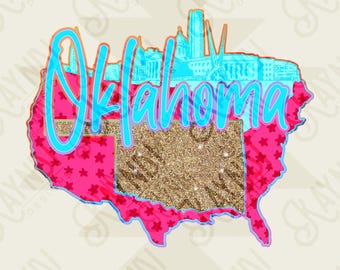 City Scape Oklahoma Sublimation Design PNG Digital Download USA State Pink Blue Glitter Stars