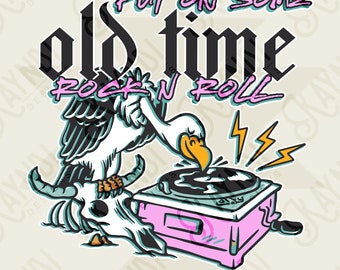 Put ON Some Old Time Rock N Roll Sublimation Design PNG Digital Download Printable Steer Skull Record 80s 70s Skull Grunge Rock Band
