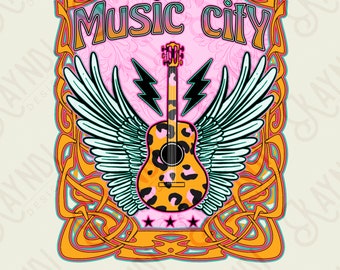Music City Sublimation Design PNG Digital Download Printable Retro Groovy Country Retro Band Guitar Wings Leopard 70s Seventies