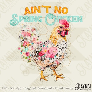 May include: A digital illustration of a chicken with a floral design on its feathers. The text "Ain't No Spring Chicken" is above the chicken in orange and teal lettering. The background has a honeycomb pattern.