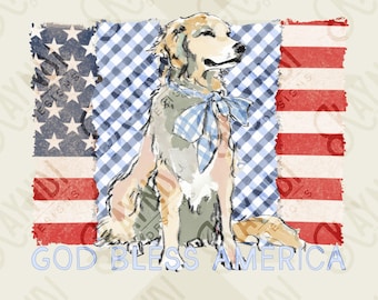 God Bless America Sublimation Design PNG Digital Download American Flag Blue Plaid Dog