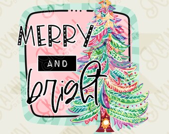 Merry and Bright Sublimation Design PNG Digital Download Printable Preppy Pastel Christmas Cute Girly Winter Pink Teal Christmas Tree