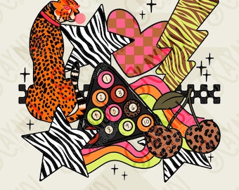 Wild Sticker Pink Sublimation Design PNG Digital Download Heart Lightning Zebra Cheetah Leopard Billiards Checker