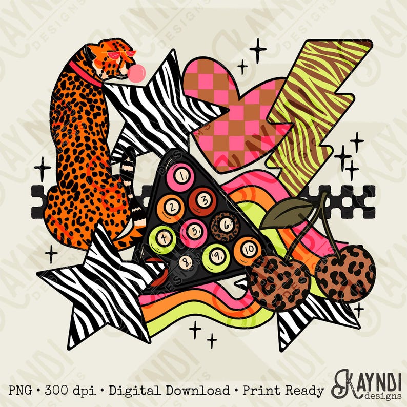 Wild Sticker Pink Sublimation Design PNG Digital Download Heart Lightning Zebra Cheetah Leopard Billiards Checker image 1