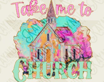 Pode incluir: Um design digital colorido com uma igreja e o texto "Take me to Church". A igreja é pintada em tons vibrantes de rosa, laranja e azul, com uma torre rosa. As palavras "Take me to" são rosa, e "Church" é turquesa.