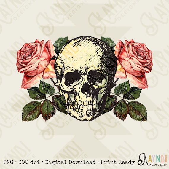Vintage Skull Roses Sublimation Design PNG Digital Download.