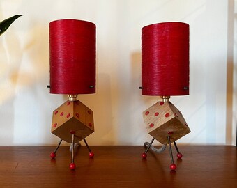 Pair Of 1950&#39;s Wooden Dice Atomic Table Lamps + 1950&#39;s Fibreglass Shades &quot;DICE&quot;