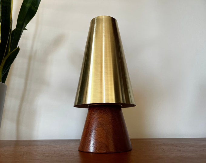 Featured listing image: Vintage Handmade 1960's Teak Table Lamp + Contemporary Brass Shade "TREE" (Includes Bulb)
