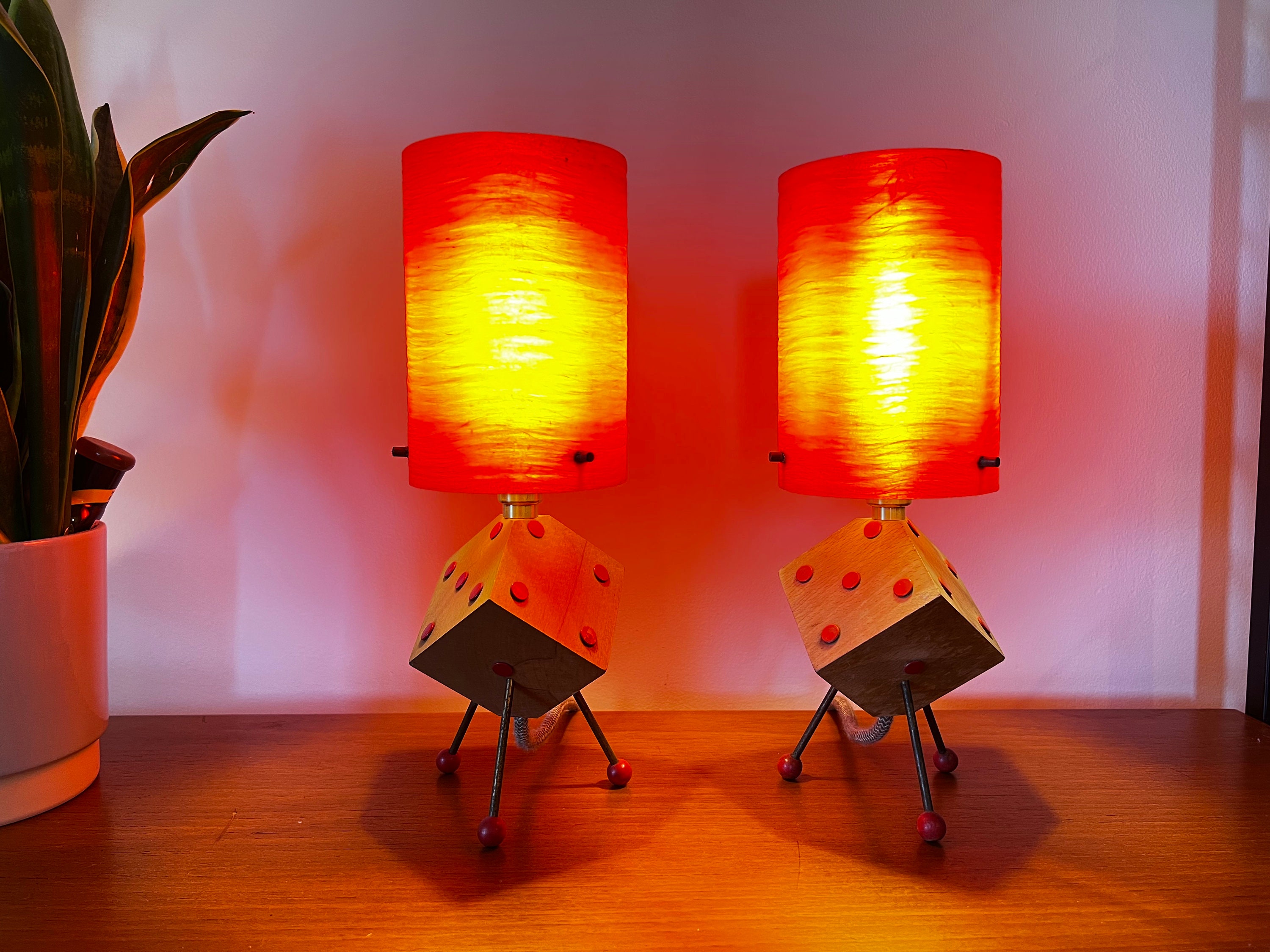 Pair of 1950s Wooden Dice Table Lamps: Atomic Red Fiberglass