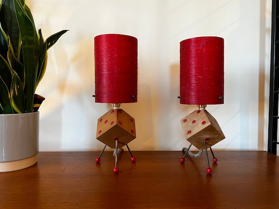 Pair of 1950s Wooden Dice Table Lamps: Atomic Red Fiberglass