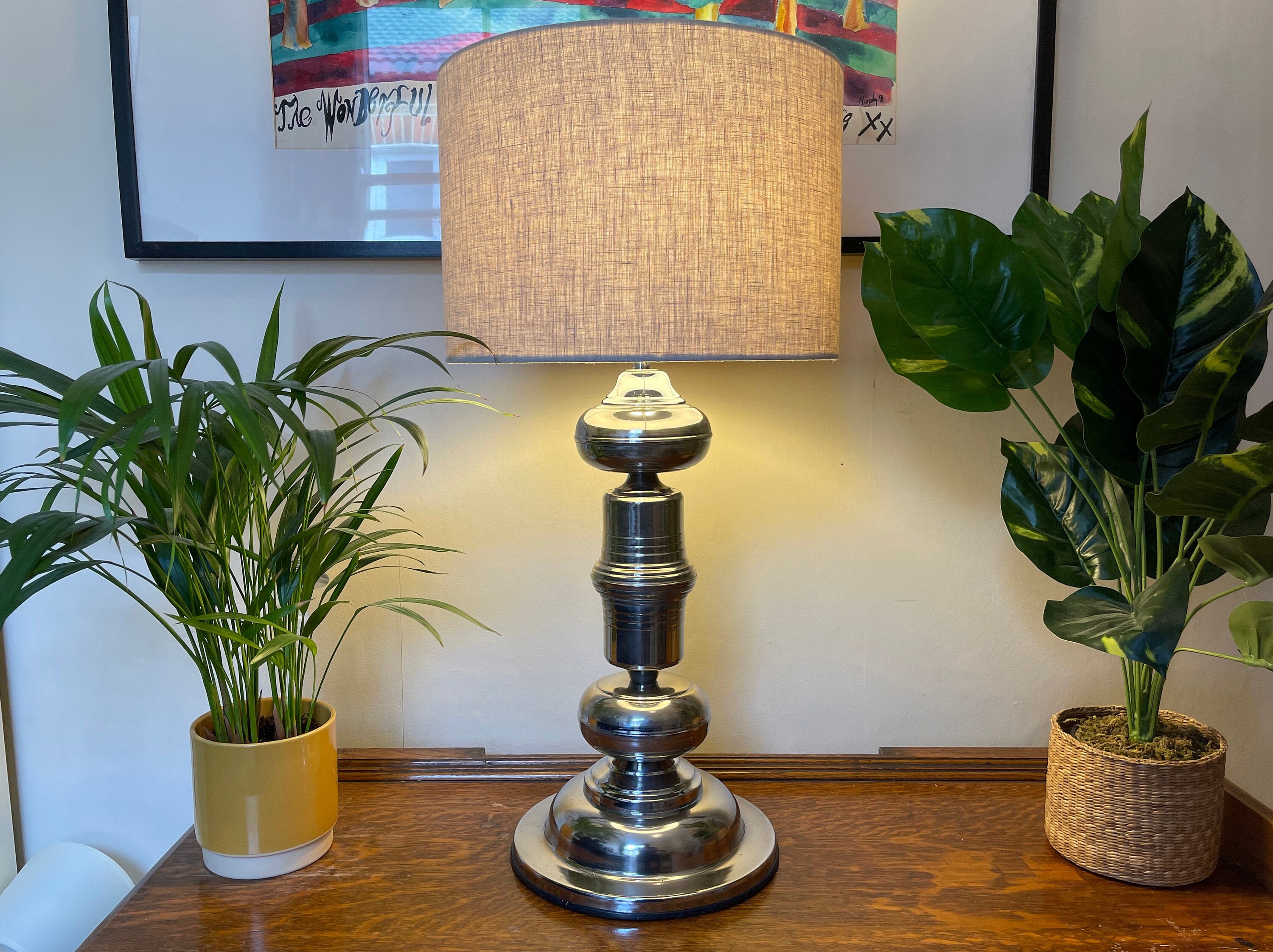 Antique 1940 s XXL Metal Table Lamp CHROME
