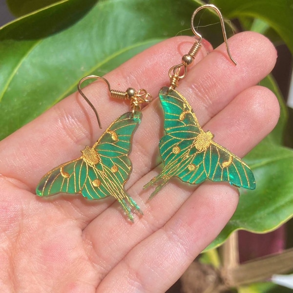 Emerald Luna Moth Earrings with Gold Shimmer | Lightweight and Unique