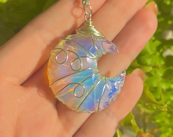 Opal Moon Silver Necklace, Opalite Raw Crystal Necklace