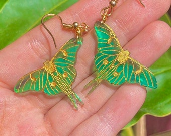 Luna Moth Earrings, Emerald Green & Gold, Smaller Version