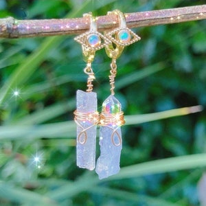 Real Opal Eye & Angel Quartz Earrings, Gold Plated Cusps, Raw Crystals