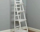 White Wooden Ladder Shelf Bookshelf Plant Pot Stand - 4 tier home decor style Scandinavian home living flower display rack shelves scandi