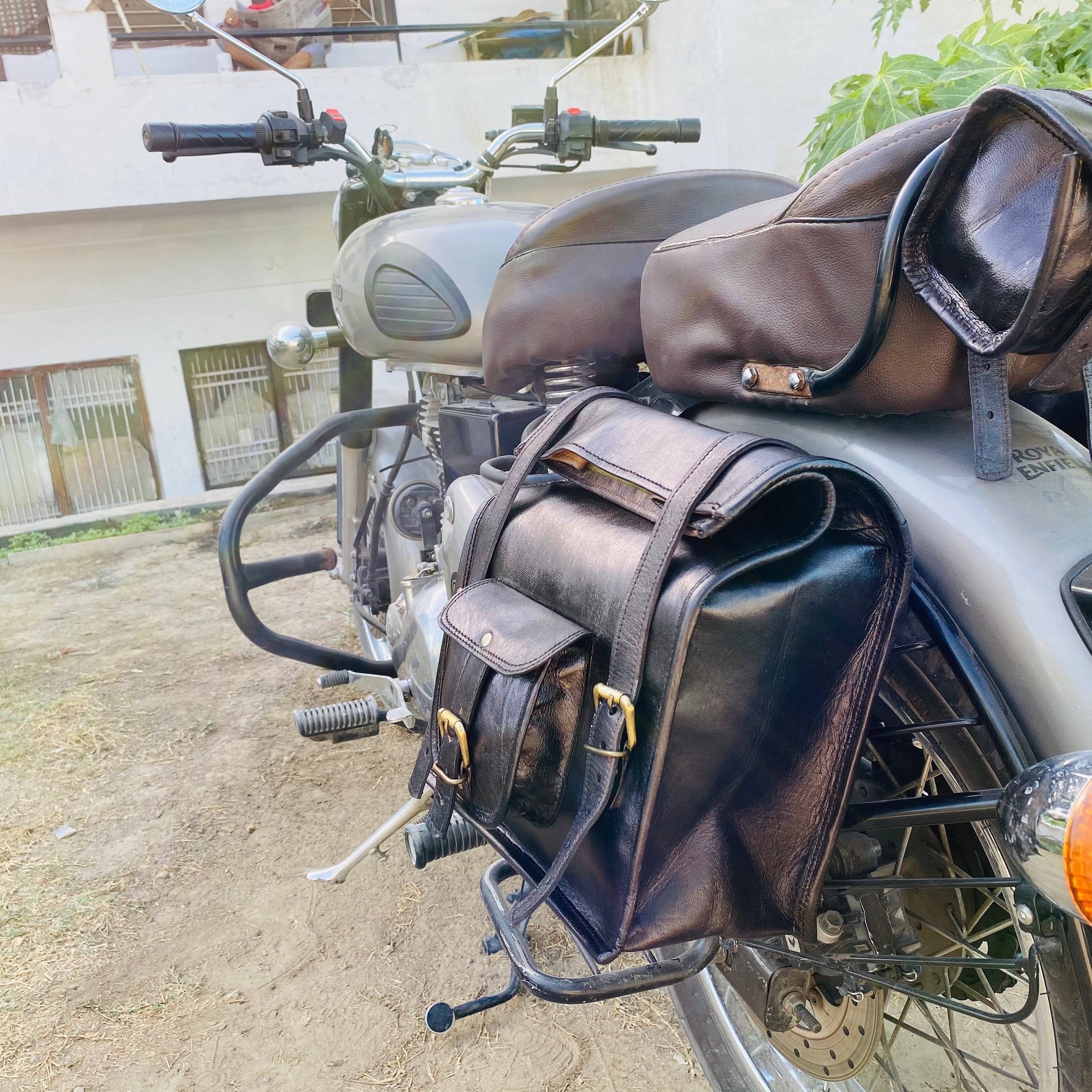 black leather panniers