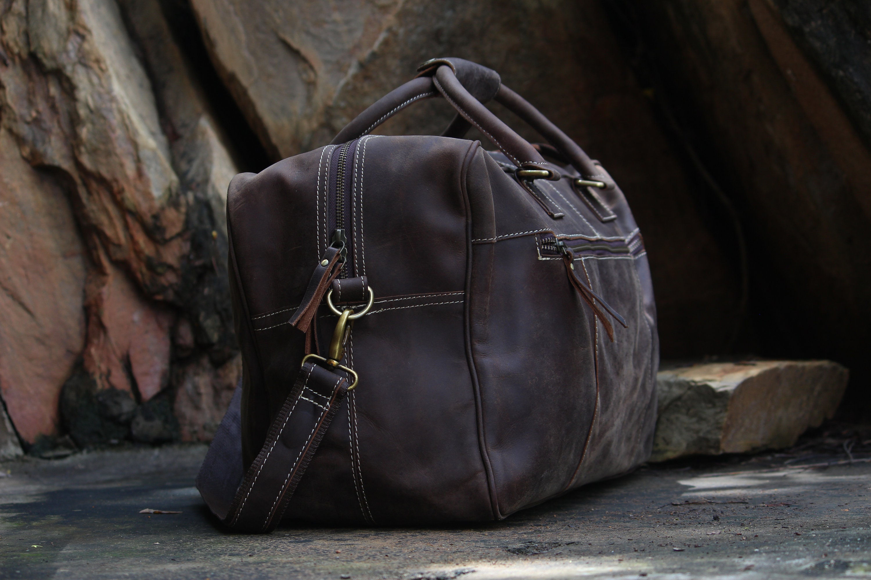 Leather duffel bag large compartment men weekender overnight Etsy