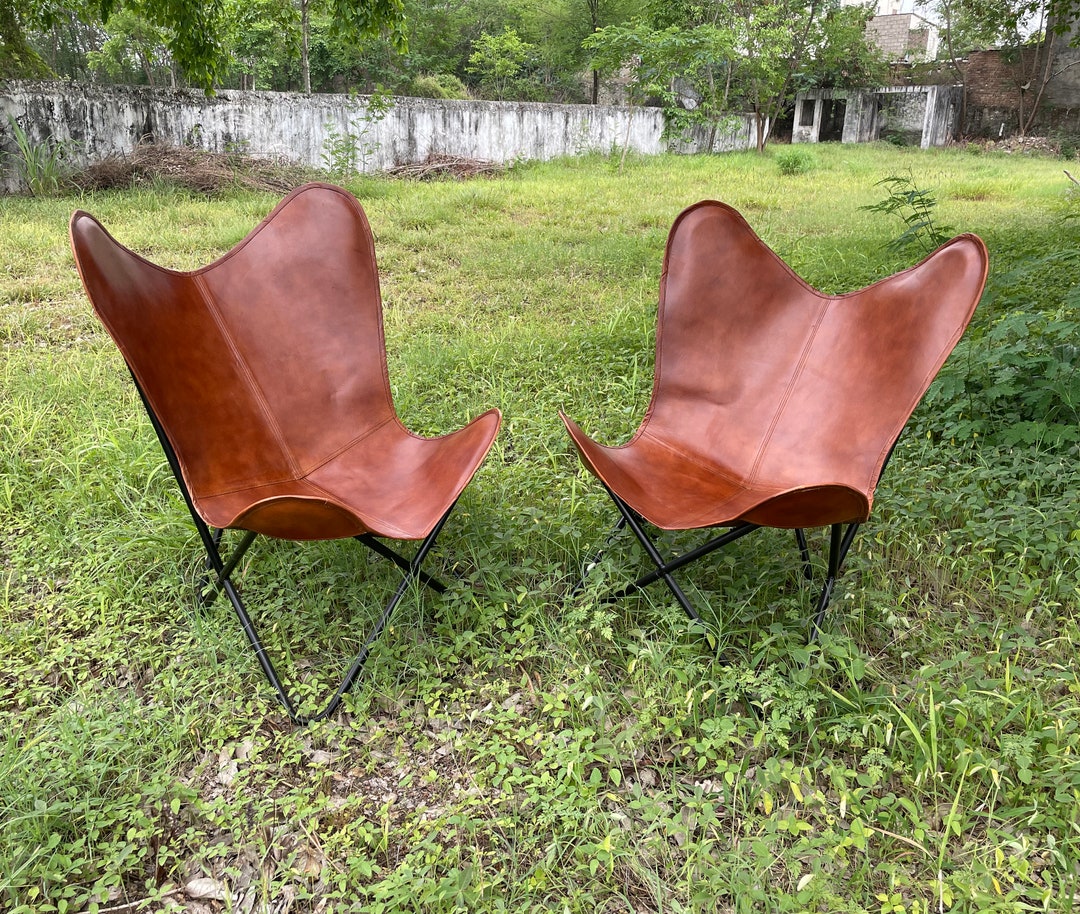 Pair of 2 Genuine Leather Butterfly Chairs in Rich Brown and Premium