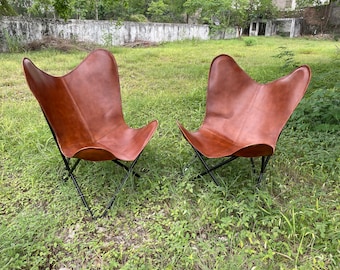 Pair of 2 Genuine Leather Butterfly Chairs in Rich Brown and Premium Tones - Stylish Home Decor, Foldable Living Room Furniture