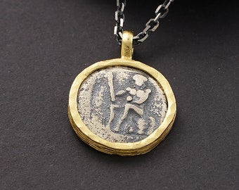 Colar com pingente de moeda antiga em prata de lei 925, dupla face, estilo medalhão vintage, joia inspirada na história.