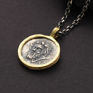 Handgemaakte ketting met oude munt, oude Griekse munthanger Theos Zeus, unieke ketting, dubbelzijdige dierenketting en Olympos Basileus