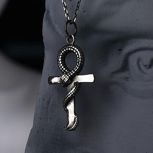Sterling Silver Small Ankh Necklace | Ouroboros Pendant with Silver Chain | Ankh Key Necklace | Ankh Pendant | Egypt Cross | Gothic Necklace