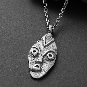 925 Sterling Silver Tribal Mask Necklace, African Mask Head Pendant, Bohemian Boho Tribal Statement Necklace, Minimalist Gothic Necklaces