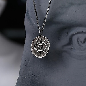 Sterling Silver Double-Side Coin Necklace • Back-Side Evil Eye Necklace • Roman Denarius Coin Pendant •  Third Necklace • Fortune Teller