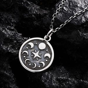 Lunar Phase Necklace, Crescent Moon Necklace, Runic Amulet for Men Two-Side, Spiritual Pendant, Gift for Him, Dainty Jewelry, Moon Charm
