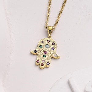 Gold Hamsa Necklace, Hand of Fatima, Sterling Silver Fatima&#39;s Hand, Hand of Miriam, Nazar Necklace, Hand of Mary Holy Sign Hamsa Pendant