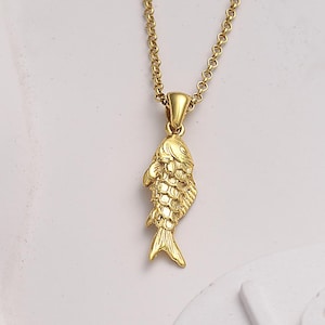 Gold Fish Necklace, Unisex Hering Fish Pendant, 925 Sterling Silver Animal Necklace, Sea Lover Necklaces, Gift for Fish Lovers, Fine Jewelry