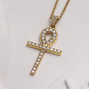 Gold Ankh Necklace, Zircon Stone Pendant, Egyptian Cross Jewelry, 925 Sterling Silver, Spiritual Egypt Amulet, Gift for Yoga Lovers