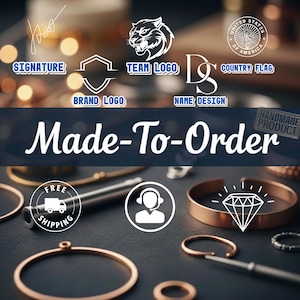 May include: An image featuring various design elements, including a signature, team logo, brand logo, and name design. The text "Made-To-Order" is prominently displayed, along with icons for free shipping and customer service. The image also includes jewelry.