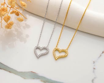 Sterling Silver Open Heart Necklace, Minimalist Love Pendant, Dainty Romantic Jewelry, Sweetheart Gift for Girlfriend