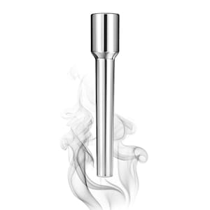 May include: A shiny, chrome-colored metal bottle stopper. The stopper has a cylindrical shape with a wider top and a long, slender stem. Wisps of gray smoke-like vapor are in the background, creating a visual contrast.
