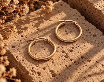 14K Gold Hoop Earrings, Solid Yellow Gold 20mm Huggies, Classic Lightweight Hoops, Minimalist Everyday Fine Jewelry, Elegant Gift for Women