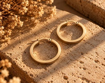14K Gold Hoop Earrings, Thick Yellow Gold 20mm Hoops, Solid Gold Classic Jewelry, Lightweight Everyday Earrings, Elegant Gift for Women